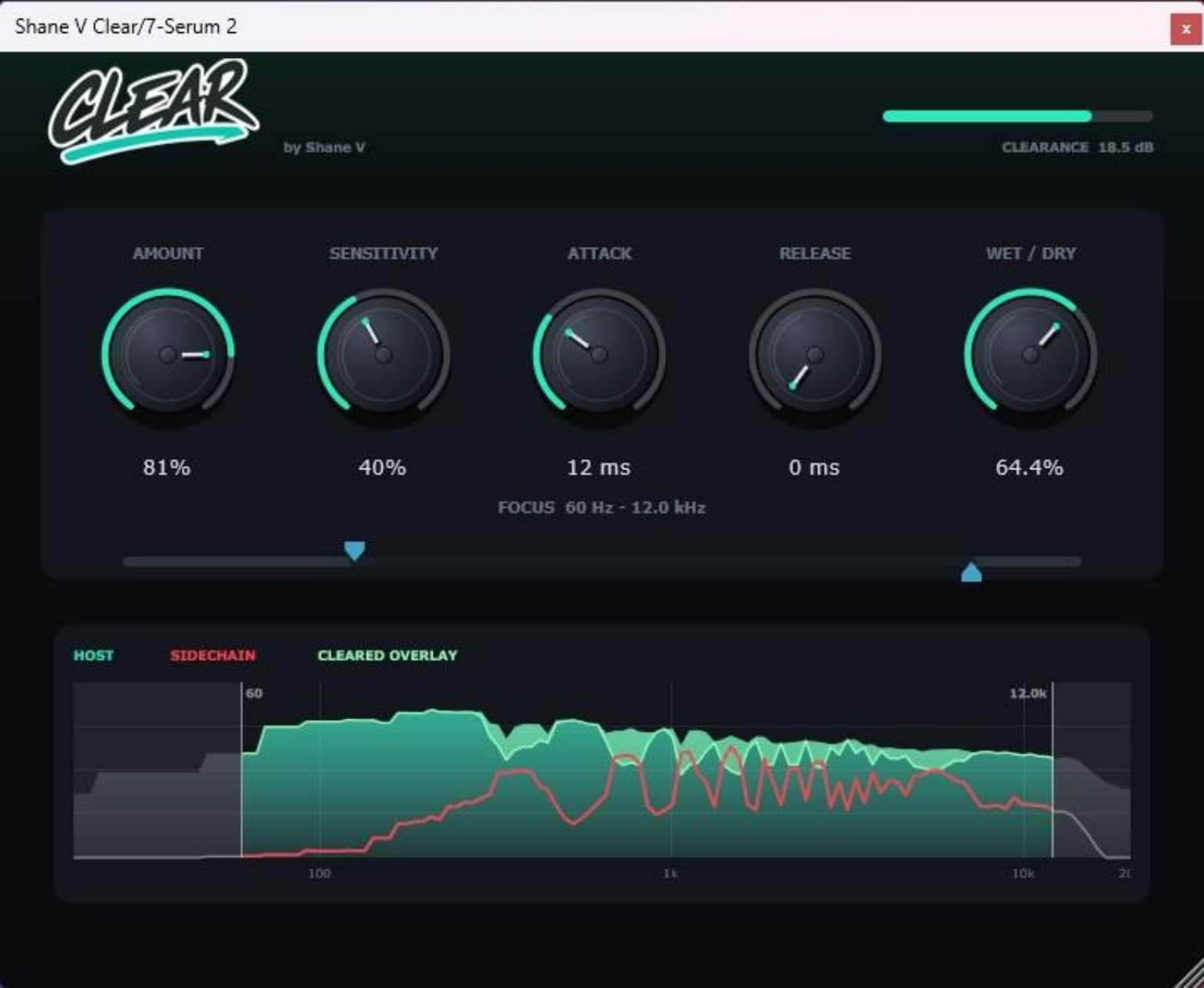 Clear VST interface showing Amount, Sensitivity, Attack, Release, Wet/Dry and frequency focus controls